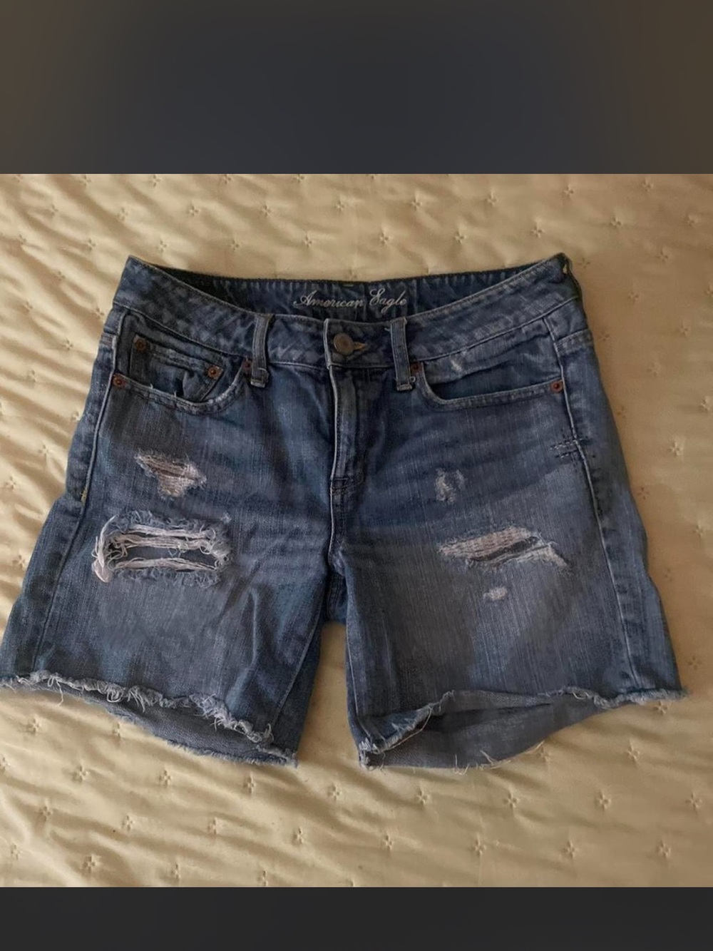 American Eagle Outfitters Women's Distressed Mid-Length Denim Shorts - Blue
